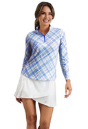 Blue/White Plaid Long Sleeve Mock Neck